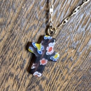 CITY Seed Bead & Gold Tone Chain Floral Detail Cross Pendant Neckalce